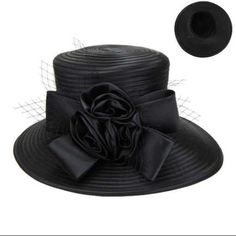 Braid W/ 3 Flower & Bows Size: One Size / Adjustable Inner Band Crw: 22" D: 14 " H: 4"T Black Top Hat For Spring Wedding, Black Brimmed Mini Hats For Garden Party, Black Spring Fascinator For Church, Black Fascinator For Church In Spring, Spring Black Fascinator For Church, Black Spring Church Fascinator, Black Mini Hats For Church In Spring, Black Mini Hats For Spring Garden Party, Black Summer Fascinator For Garden Party