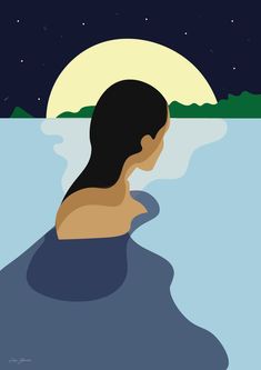 a person is swimming in the water at night with a full moon and stars above them