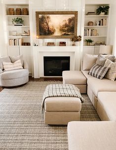 a living room filled with furniture and a fire place under a painting on the wall