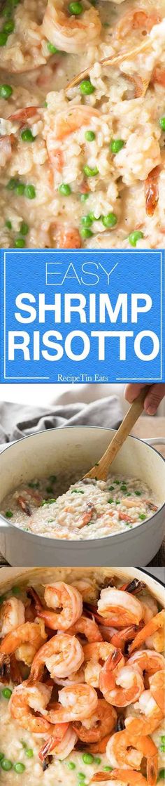 shrimp risotto in a skillet with the title easy shrimp risotto