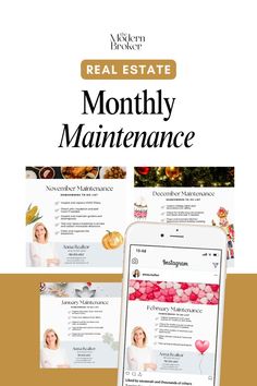 the real estate website is displayed on an iphone and tablet screen, with text reading'real estate month maintenance '