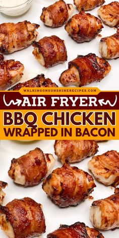 Here's a simple game day recipe—Air Fryer BBQ Chicken Wrapped in Bacon! The best Holiday appetizer perfect for parties and late-night snacks. Juicy chicken, tangy BBQ sauce, and a touch of brown sugar make it irresistible. Score big and try this as your New Year's Eve food idea! Bacon Wrapped Chicken Bites Air Fryer, Top Air Fryer Recipes, Grilled Chicken Air Fryer Recipes, Bacon Wrapped Chicken Air Fryer, Bbq Chicken Air Fryer, Bacon In Air Fryer, Air Fryer Bacon Wrapped Chicken, Chicken Wrapped In Bacon, Bacon Bbq Chicken