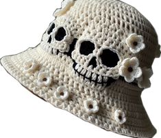 Skull Halloween Hat One Size Fits Most, Halloween Skull Hat One Size Fits Most, One Size Fits Most Skull Hat For Halloween, Halloween Skull Hat, One Size Fits Most, Adjustable Skull Print Hats For Halloween, Adjustable Skull Print Halloween Hats, Bucket Hats Crochet, Crochet Skeleton, Bucket Hats For Women