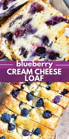 blueberry cream cheese loaf is cut into slices