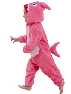 a baby in a pink dinosaur costume running with its mouth open and hands out to the side