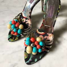 These Are Adorable! Has Some Signs Of Wear To The Silk Fabric But Cant Be Seen When On. See Pics! Elegant Multicolor 4-inch Heels, Elegant Multicolor Open Heel Heels, Elegant Multicolor Evening Sandals, Pucci Pattern, Chanel Booties, Yellow High Heels, Gucci Flats, Polka Dot Heels, Multi Colored Heels