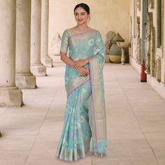 Delicate And Beautiful, This Banaras Kota Tilfi Jaal Work Indian Sari Is Perfect For Any Special Occasion. The Stunning Sky Blue Hue Is Adorned With A Intricate Floral Weave, While The Silver Border Adds A Touch Of Elegance. The Blouse Is Stitched And Ready To Wear, Making This Sari A Breeze To Style. Whether You're Attending A Wedding Or Another Formal Event, This Sari Is Sure To Make You Stand Out From The Crowd. Fall And Pico - Done Blouse Stitched. Blue Sarees, Sky Blue Saree, Purple Formal Dress, 60 Dress, Long Fall Dresses, Blue Silk Saree, Lulus Maxi Dress, Indian Sari Dress, Banarsi Saree