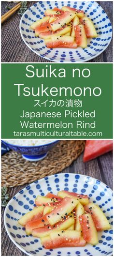 Suika no Tsukemono (スイカの漬物, Japanese Pickled Watermelon Rind) on a blue and white plate. Japanese Pickles, Sauces Recipes