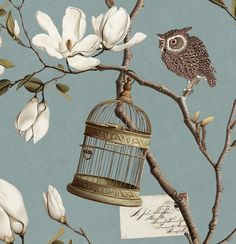 an owl is sitting on a tree branch next to a birdcage and flowers