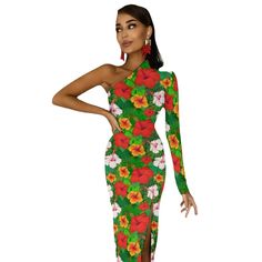 Experience the perfect blend of style and comfort with our Flowers Tropical Print High Slit One Shoulder Long Dress. The vibrant and unique tropical print adds a touch of exotic to your wardrobe, while the high slit and one shoulder design elevate your look with a sexy edge. Made with high-quality materials for a luxurious and flattering fit. Elasticity: High Strecth Sleeve Style: One-Shoulder Fabric Type: Chemical Fiber Pattern Type: Print Fit Type: slim fit Silhouette: Sheath Neckline: Diagona One Shoulder Long Dress, Flowers Tropical, Floral Prom Dresses, Shoulder Design, Prom Gown, 50's Dress, Flower Dresses, Tropical Print, Outerwear Women