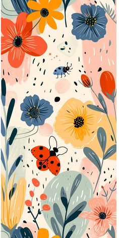 colorful flowers and ladybugs are featured in this art print by artist lauren lee