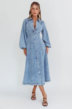 Ania Long Balloon Style Midi Dress Denim Blue Style Midi Dress, Denim Midi Dress, Midi Dress Style, Sunday Lunch, Dress Denim, Split Maxi Dress, Long Balloons, Iron Material, Clothing Tags