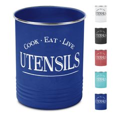 a blue canister with the words cook eat live utensils in different colors