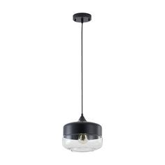 a black and white light hanging from a ceiling fixture with an acrylic shade