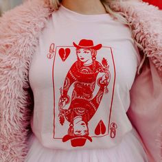 Queen of Hearts, but make it western! We love this graphic tee! Perfect for Valentine's Day or any day of the year! Details: Bella Canvas 100% cotton Fit: Unisex Unisex Fit, crew collar Shirt Color: soft pink Ink Color: Red Valentines Graphic Tee, Heart Tee Shirt, Black Leather Leggings, Royal Design, Bella Canvas Tees, Pink Tee, Heart Shirt, Valentines Shirt, Queen Of Hearts