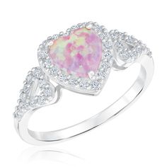 This romantic ring is the perfect way to delight her at any occasion! Crafted in sterling silver, this ring boasts a heart-shaped created pink opal gemstone in a stunning blush color that is framed by sparkling created white sapphires. Additional round created white sapphires form the shape of hearts on the sides of the band. This ring measures 10mm across the top and 2mm across the bottom in width. Valentine's Day Pink Sterling Silver Birthstone Ring, Pink Open Heart Jewelry For Wedding, Pink Sterling Silver Opal Ring For Anniversary, Pink Opal Ring With Accent Stones As Gift, Pink Opal Ring In Sterling Silver For Anniversary, Elegant Pink Opal Ring, Pink Opal Gemstone Ring For Anniversary, Pink Sterling Silver Heart Ring With Center Stone, Pink Heart-shaped Jewelry With Halo Setting