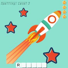 a cartoon rocket is flying through the air with stars around it and words spelling out