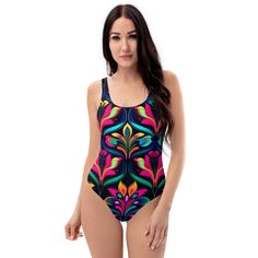 This one-piece swimsuit for all figures will bring out your best features. Enjoy the smooth fabric and the flattering design, and show it off by the sea or pool! * 82% Polyester, 18% Spandex * Fabric weight: 6.78 oz/yd² (230 g/m weight may vary by 5% * Chlorine-resistant fabric * Cheeky fit with a scoop neckline and a low scoop back * Zig-zag stitching * Double-layer front  * Four-way stretch material stretches and recovers on the cross and lengthwise grains Designed in the USA by JBLgrafix Fitted Multicolor One-piece For Sunbathing, Tropical Multicolor Bodysuit For Pool, Fitted Multicolor Swim Dress, Multicolor One Piece With Lined Body For Poolside, Multicolor Lined Swimsuit For Poolside, Multicolor One-piece Swimsuit With Lined Body For Poolside, Multicolor Lined One Piece For Poolside, Multicolor One-piece Swimwear With Lined Body For Poolside, Multicolor One Pieces For Pool With Lined Body