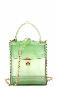 PVC JELLY HANDBAG Transparent PVC material - Appearance of Jelly bag - Removable Long Chain Strap 6(W) X 3.5(D) X 7(H) inch Green Rectangular Bag, Green Bucket Shoulder Bag For Gift, Green Bucket Shoulder Bag Gift, Portable Green Rectangular Bag, Trendy Rectangular Case Satchel For Shopping, Trendy Rectangular Satchel For Shopping, Green Satchel With Hasp Closure For Travel, Green Everyday Rectangular Shoulder Bag, Green Rectangular Shoulder Bag For Everyday Use