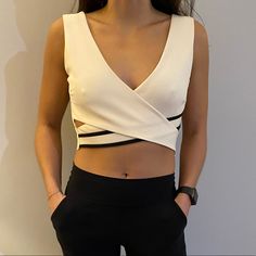 Cute Cream And Black Trim Cropped Top With Cut Out Details. Never Worn! Great Condition. Zara Crop Top, Cropped Top, Black Trim, Zara Tops, Black Cream, Bones, Cut Out, Crop Top, Zara