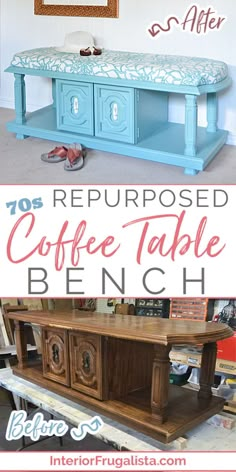 an old coffee table turned into a bench with the words repurposed coffee table bench