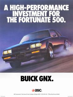 an advertisement for buick's high - performance investment program, with the image of a car