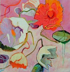 an abstract painting of flowers on a pink background