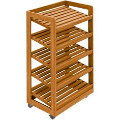 a wooden shelf with four shelves on each side and two wheels attached to the bottom