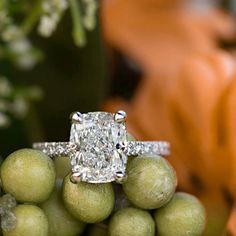 a cushion - cut diamond ring sits atop grapes in front of an orange vase with white flowers