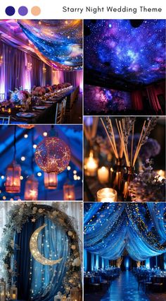 starry night wedding theme collage with blue and purple lights, lanterns and stars