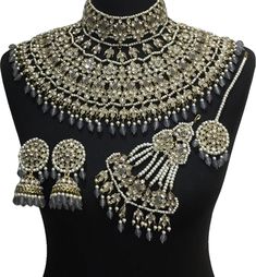 Indian luxury bridal jewellery set. Set includes - Earrings  Necklace  Jhumar  Tikka Silver Jhumkas With Stone Work For Reception, Elegant Silver Lehenga With Tilla, Elegant Silver Lehenga With Tilla Detailing, Silver Stone Work Jewelry Sets For Wedding, Silver Jewelry Sets With Stone Work For Wedding, Festive Silver Meenakari Wedding Jewelry, Silver Wedding Jewelry Sets With Stone Work, Silver Lehenga With Stone Work For Festivals, Traditional Gray Wedding Sets