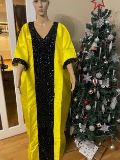 Mikado sequence bubu dress by Mepsy world Style For Mikado Material, Fitted Sequin Kaftan For Parties, Sequence Bubu Gown Styles, Festive Yellow Party Kaftan, Black Sequined Kaftan For Party, Yellow Maxi Length Kaftan For Party, Mikado Bubu, Yellow Evening Kaftan, Bubu With Embroidery