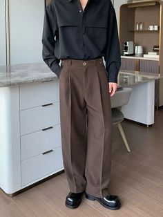 fb-feed Unisex Formal Wear, Tomboy Formal Outfits, Baggy Dress Pants, Korea Clothes, Pleated Slacks, Slacks Outfit, Brown Slacks, Dress Pants Outfits, Dark Acadamia