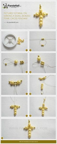 the instructions for how to make a cross beaded necklace with pearls and beads on it