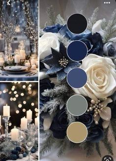 Midnight Blue And Grey Wedding, Navy Blue Cream Color Palette, Midnight Blue And Champagne Wedding, Dark Blue Wedding Color Palette, Winter Wedding Dark Blue, Wedding Dark Color Schemes, Black And Blue Themed Wedding, Wedding Color Schemes December, Wedding Themes And Colors