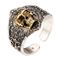 PRICES MAY VARY. Material:925 Sterling Silver,Brass(Golden Part) Width:19mm;N.W.:Around 6g Size S:adjustable 7-8(54-56mm circumference),please adjust the size with tools(cone/hammer),or consult local jewelry shop for assistance. Aging Process--Base silver skull ring was putting into special solution for vintage effect(black color),then polished. Welcome to come to us if you need any assistance for the order.We will try to contact you back within 12 hours. Men's Pinky Ring 925 Sterling Silver Gol Mens Pinky Ring, Silver Skull Ring, Local Jewelry, Skull Ring, Pinky Ring, Engraved Rings, Sterling Silber, Quartz Watch, Black Color