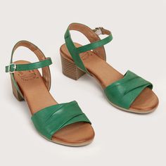 Astoria - Green Casual Heels With Padded Heel And Low Heel, Casual Low Heel Heels With Padded Heel, Casual Heels With Padded Low Heel, Casual Low Block Heels With Heel Strap, Casual Block Heels With Heel Strap, Casual Low Block Heels With Strap, Casual Leather Block Heels With Low Heel, Low Heel Leather Footbed Heels For Spring, Spring Low Heel Shoes With Leather Footbed