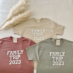 These Family Trip Shirts 2023 are perfect for your next family trip!  - They need to be purchased individually (it's not sold as a set) - All our shirts run a UNISEX fit. (Both for men and women). They are naturally oversized, so we normally recommend your true size. But if you like a more baggy look, we recommend sizing up. - These letters are iron-on patched and is heat pressed, not embroidered. - Please note that shirt brand used may vary depending on what our supplier has, therefore sizes an Family Matching Tops With Letter Print, Cotton Short Sleeve T-shirt For Family Trip, Cotton Tops With Letter Print For Family Trip, Summer Graphic Print Top For Family Trip, Casual Summer T-shirt For Family Trip, Graphic Print Summer Top For Family Trip, Casual Pre-shrunk Top For Family Outings, Family Matching Short Sleeve Tops For Family Trip, Graphic Print Top For Summer Family Trip