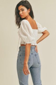 Final Sale-Get it before it's gone! Style the Kimberly White Square Neck Puff Sleeve Crop Top with your favorite distresses jeans for a cute casual look! Lightweight woven cotton, with a subtle tartan tone-on-tone pattern stitched throughout, shapes a square neckline, a fitted bodice, and short puffy sleeves with elastic at the shoulders and ruffled cuffs. Keyhole tie neckline and ruffle hem finishes the look. Partly lined. DETAILS & CARE Cotton/Rayon. Machine Wash Cold. Imported. White Square Neck Top Outfit, Puffy Sleeve Outfit, Puff Sleeves Outfit, White Puffy Sleeve Top, Puffy Sleeves Top, Crop Top With Puff Sleeves, Square Neck Puff Sleeve Top, Kimberly White, Hem Finishes