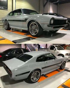 two pictures of the same car in different stages of being displayed at an automobile show