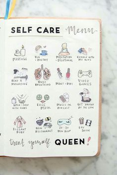 an open notebook with stickers on it and the words self care written in black