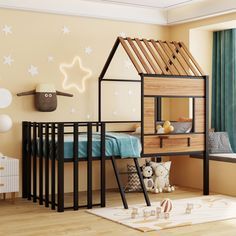 a child's bedroom with a bunk bed and stars on the wall above it