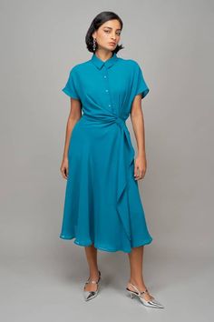 Blue plain half sleeves midi wrap dress with an asymmetrical drape at the waist and a flared out bias cut hemline. - Aza Fashions Collar Wrap Dress, Midi Wrap Dress, Studio Blue, Leh, Dress For Women, Dress Pattern, Aza Fashion, Half Sleeves, Dresses Midi