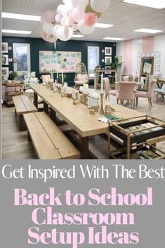 the back to school classroom setup is decorated with pink and white balloons, bookshelves, and desks