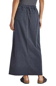 Move comfortably through your day in a soft stretch-denim maxi skirt constructed with an elastic waist and movement-easing front vent. 37 1/2" length Elastic waist; zip fly with button closure Five-pocket style 61% cotton, 37% modal, 2% spandex Machine wash, tumble dry Imported Denim Blue Full-length Maxi Skirt, Full Length Denim Blue Maxi Skirt, Relaxed Full-length Cotton Maxi Skirt, Casual Medium Wash Full Length Maxi Skirt, Casual Medium Wash Full-length Maxi Skirt, Casual Wide Leg Dark Wash Maxi Skirt, Dark Wash High Rise Casual Maxi Skirt, Casual High Rise Dark Wash Maxi Skirt, Casual Full Length Denim Blue Maxi Skirt