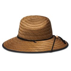 The Kooringal Hastings Surf Straw Lifeguard Hat is a perfect style to keep the sun off you whether you're gardening, spending the day at the beach, or anywhere you need total coverage. This traditional lifeguard style features a large 4.5" brim make of rush straw woven in a counter-clockwise direction. The crown comes adorned with a small Kooringal beach/mountain patch and is finished with a chin cord for windy days. The under brim is lined with fabric blocking out 99.9% of harmful UV rays and the style comes with an elasticized sweatband for easy sizing and comfort. This hat is a great all-rounder! Brim: 4.5" Crown: 4.5" front | 6" sides Outdoor Straw Bucket Hat With Flat Brim, Summer Panama Hat For Outdoor Activities, Brimmed Panama Hat For Summer Outdoor Activities, Summer Brimmed Panama Hat For Outdoor Activities, Wide Brim Panama Hat For Summer Outdoor Activities, Brown Outdoor Hat For Vacation, Summer Wide Brim Panama Hat For Outdoor Activities, Adjustable Beach Bucket Hat, Brimmed Straw Hat For Summer Outdoor Activities