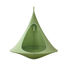 an upside down green hanging chair on a white background with the bottom half open to reveal a triangular shape