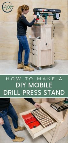 two people working on a diy mobile drill press stand with text overlay reading how to make a diy mobile drill press stand