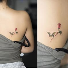 two pictures of a woman's back and shoulder with tattoos on her left side