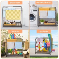 four pictures showing different ways to store laundry items